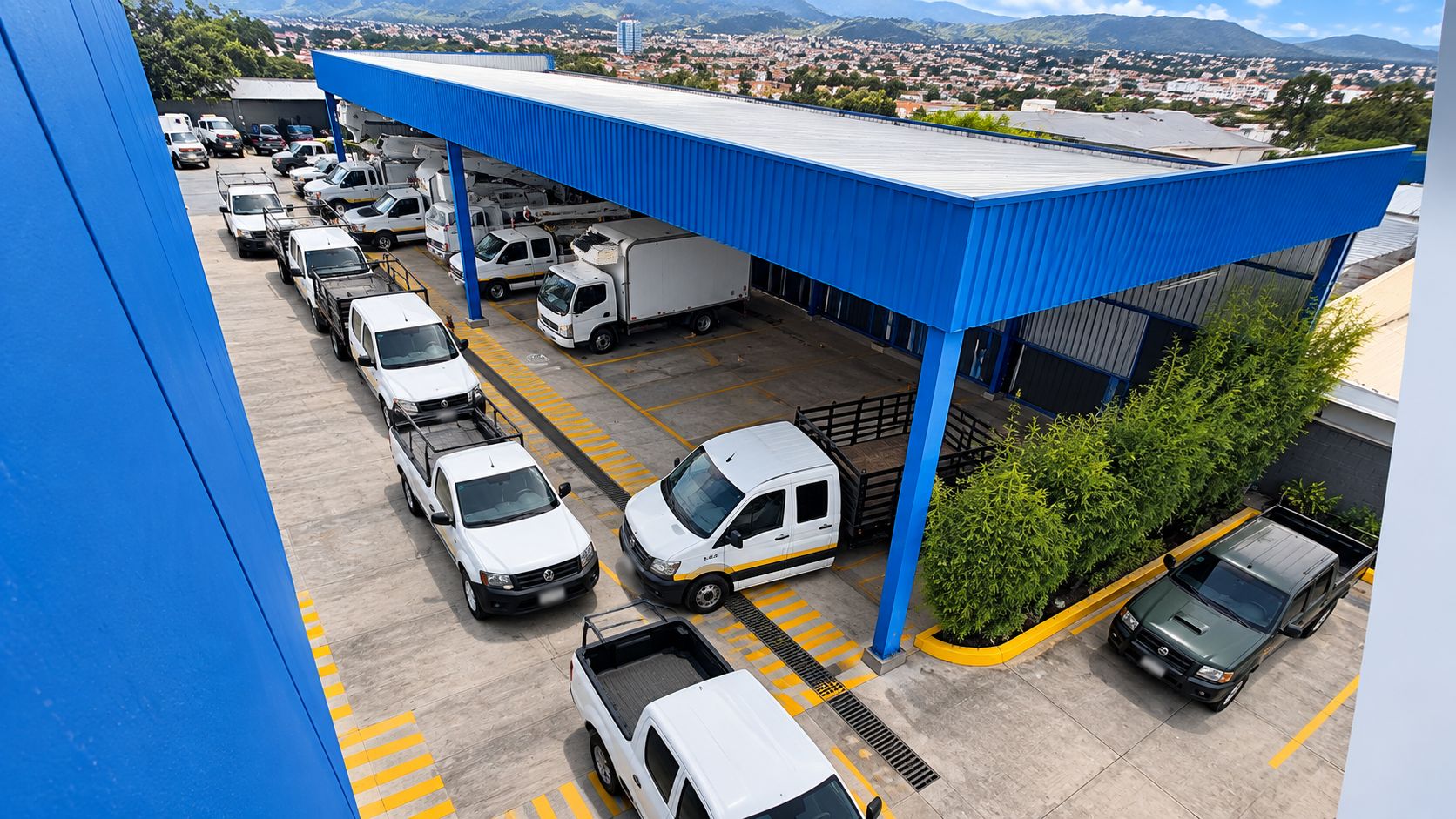 Vista aérea del patio de RECASA con pickups, camiones y vans de flota