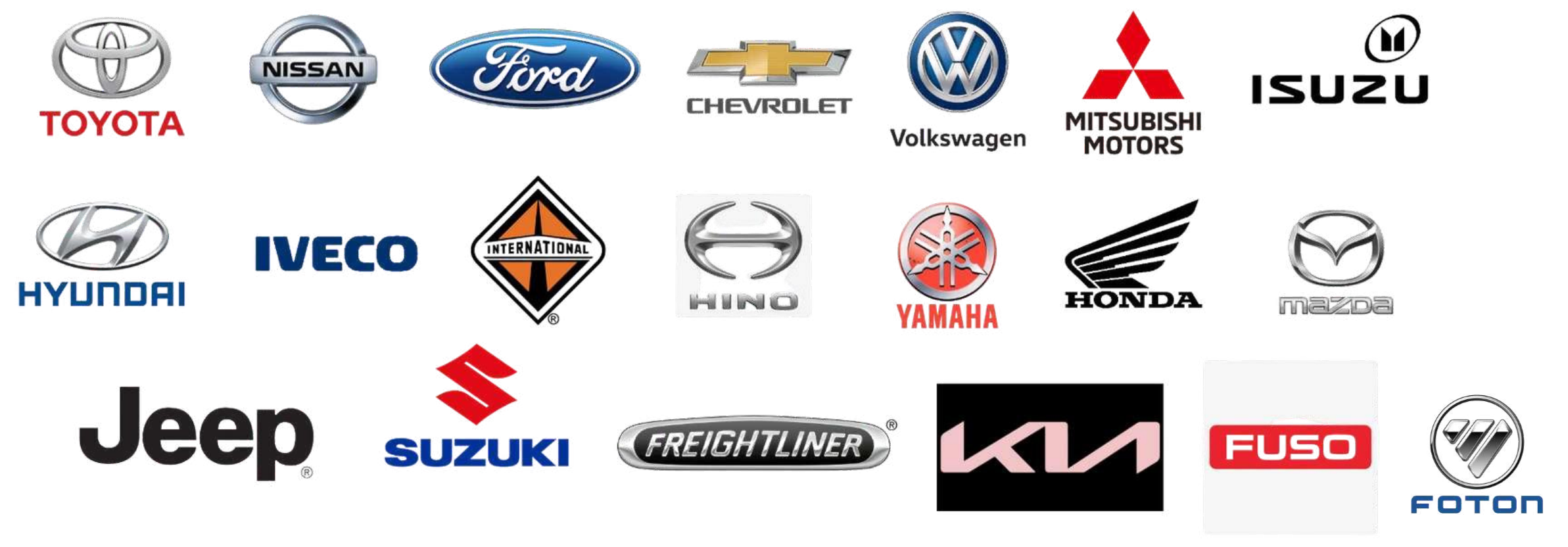 Marcas atendidas: Toyota, Nissan, Ford, Chevrolet, Volkswagen, Mitsubishi, Isuzu, Hyundai, Iveco, International, Hino, Yamaha, Honda, Mazda, Jeep, Suzuki, Freightliner, Kia, Fuso y Foton